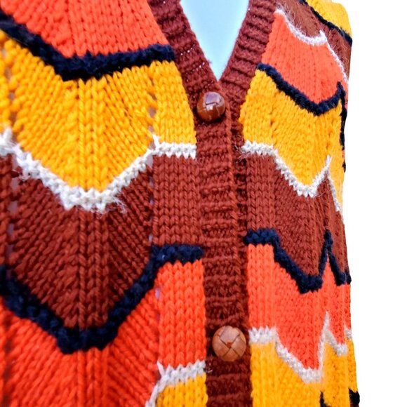 Vintage 70s Hand Knit Vest Retro Orange Chevron Sleeveless Sweater Hippie Boho M - Picture 4 of 11